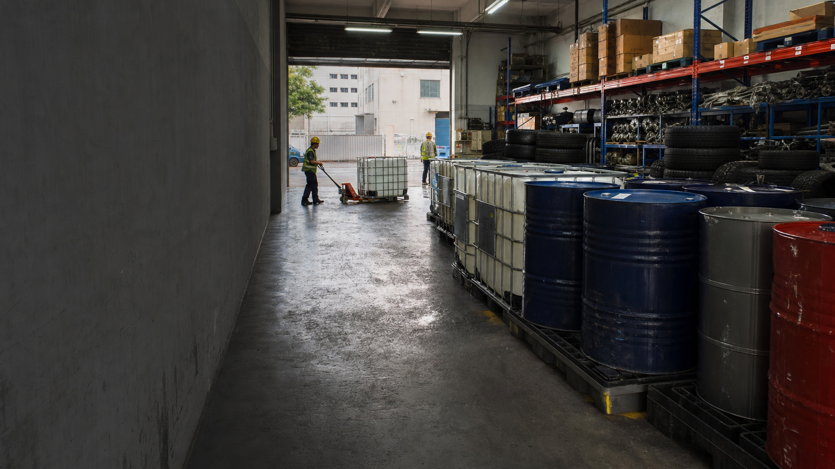Tyres, drums and vehicle parts in a FORET automotive and petroleum products warehouse
